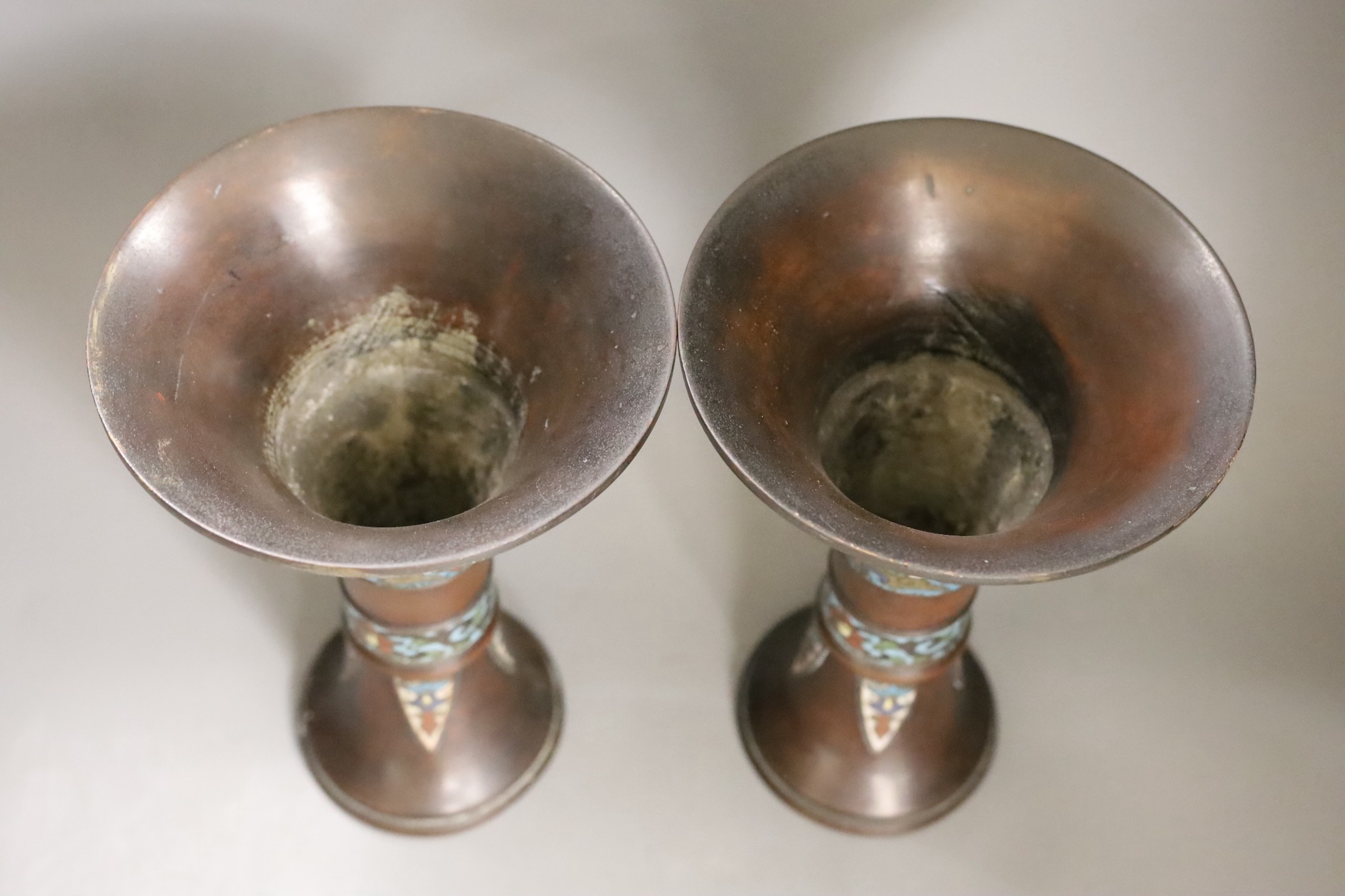 A pair of Japanese bronze and champleve enamel vases, Meiji period, 25.5cm